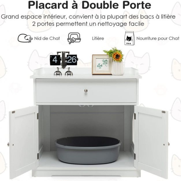 Enceinte de Bac à Litière pour Chat - Meubles Toilette Cachés pour Chat avec Tiroir et 2 Portes