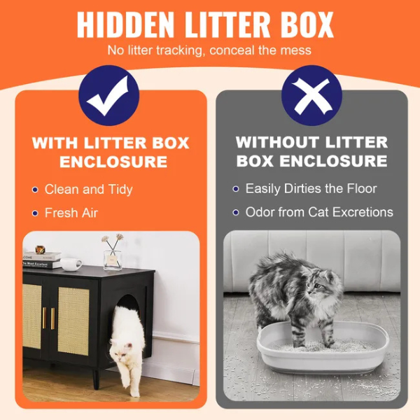 Meuble cache bac à litière pour 2 chats armoire en bois déco rotin noir