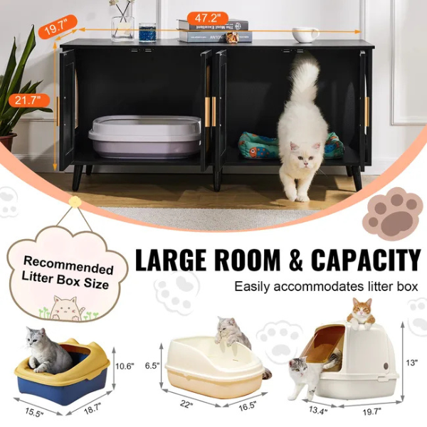 Meuble cache bac à litière pour 2 chats armoire en bois déco rotin noir
