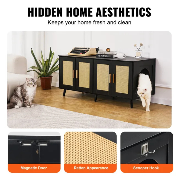 Meuble cache bac à litière pour 2 chats armoire en bois déco rotin noir
