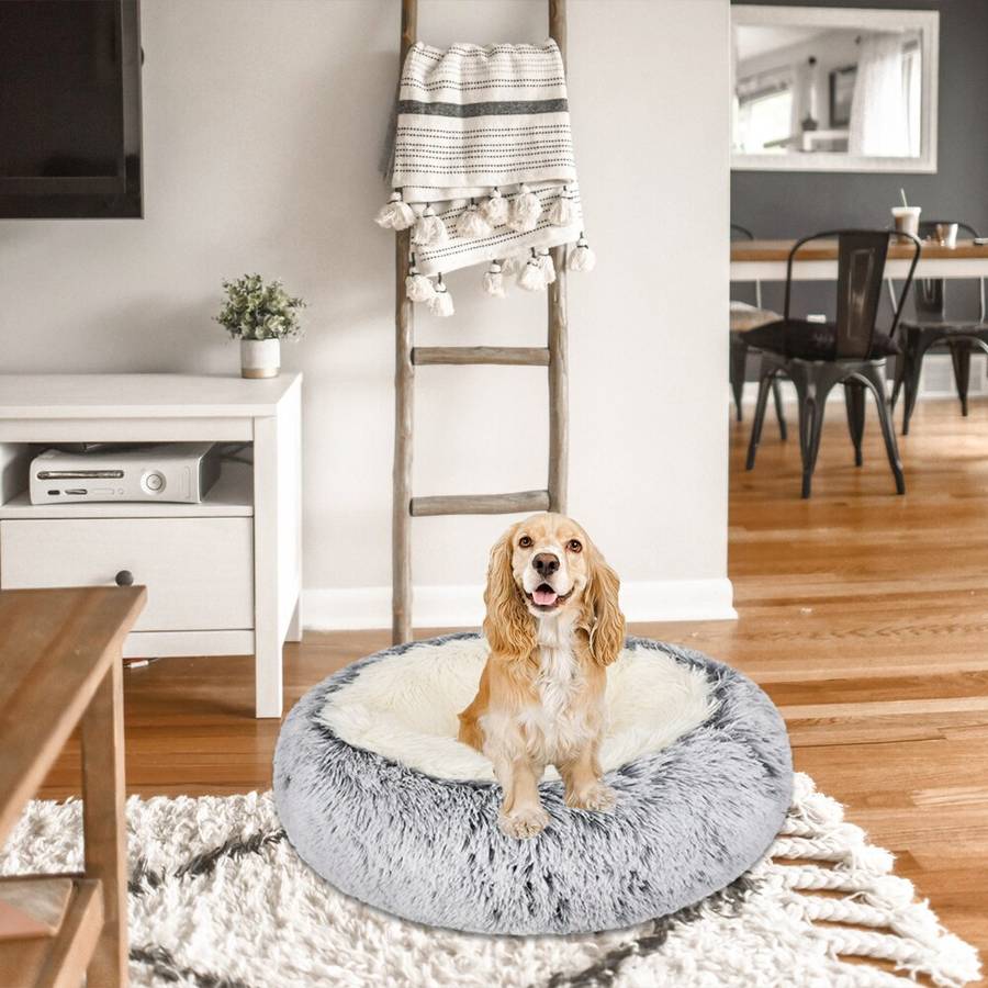 Panier gris en coton et peluche pour chien XXL