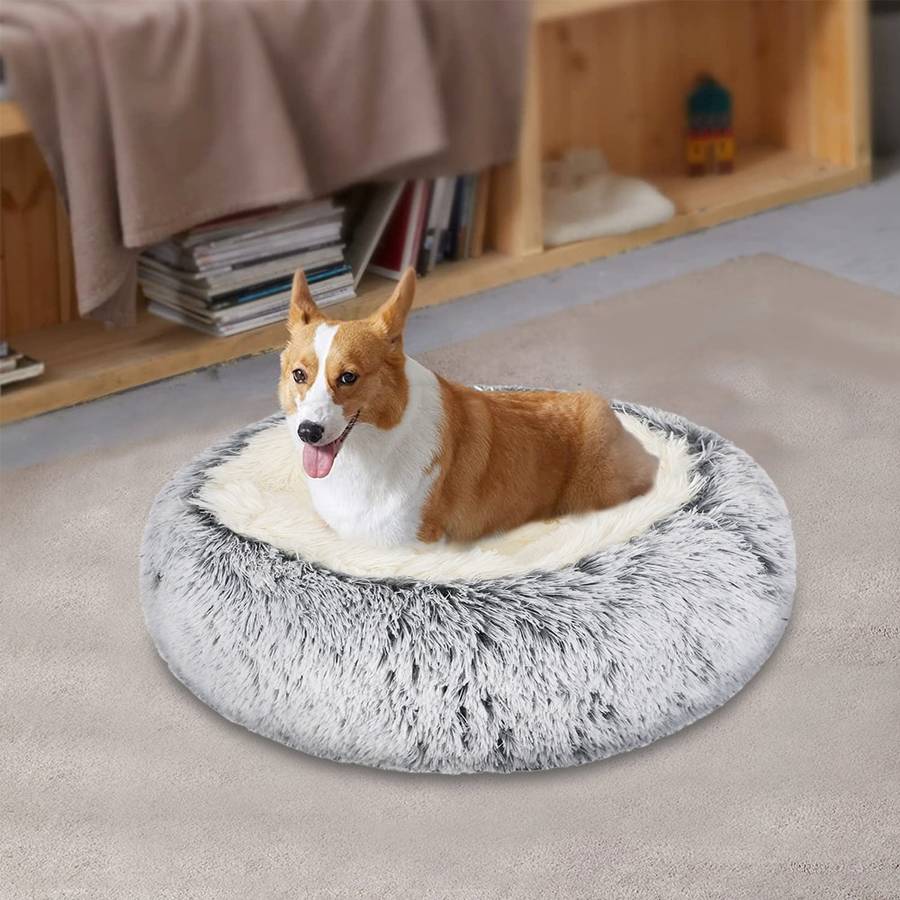 Panier gris en coton et peluche pour chien XXL